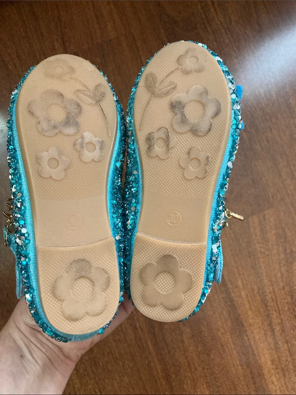 Princess Teal Glitter Butterfly Pearl-Strap Dress Shoes Sz 12